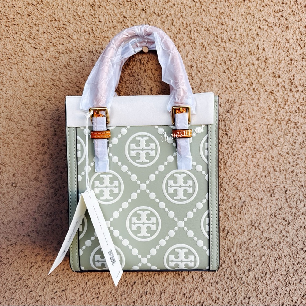 {Tory Burch} Mini T Monogram Tote Contrast Embossed Logo Crossbody Bag - Olive